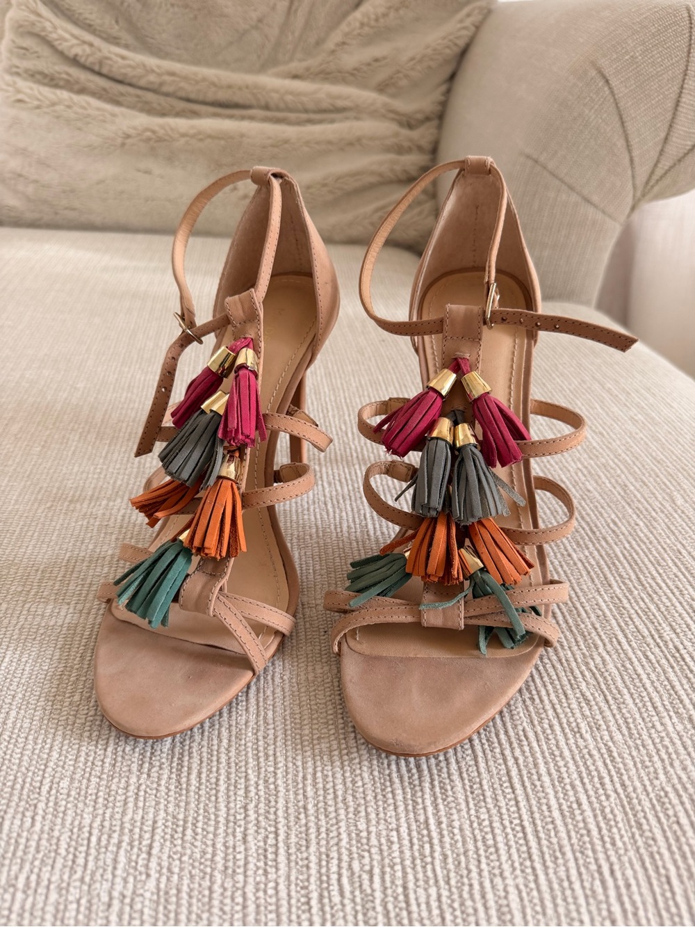 Maiden Lane Suede Nude Tassel Strappy High Heel 8